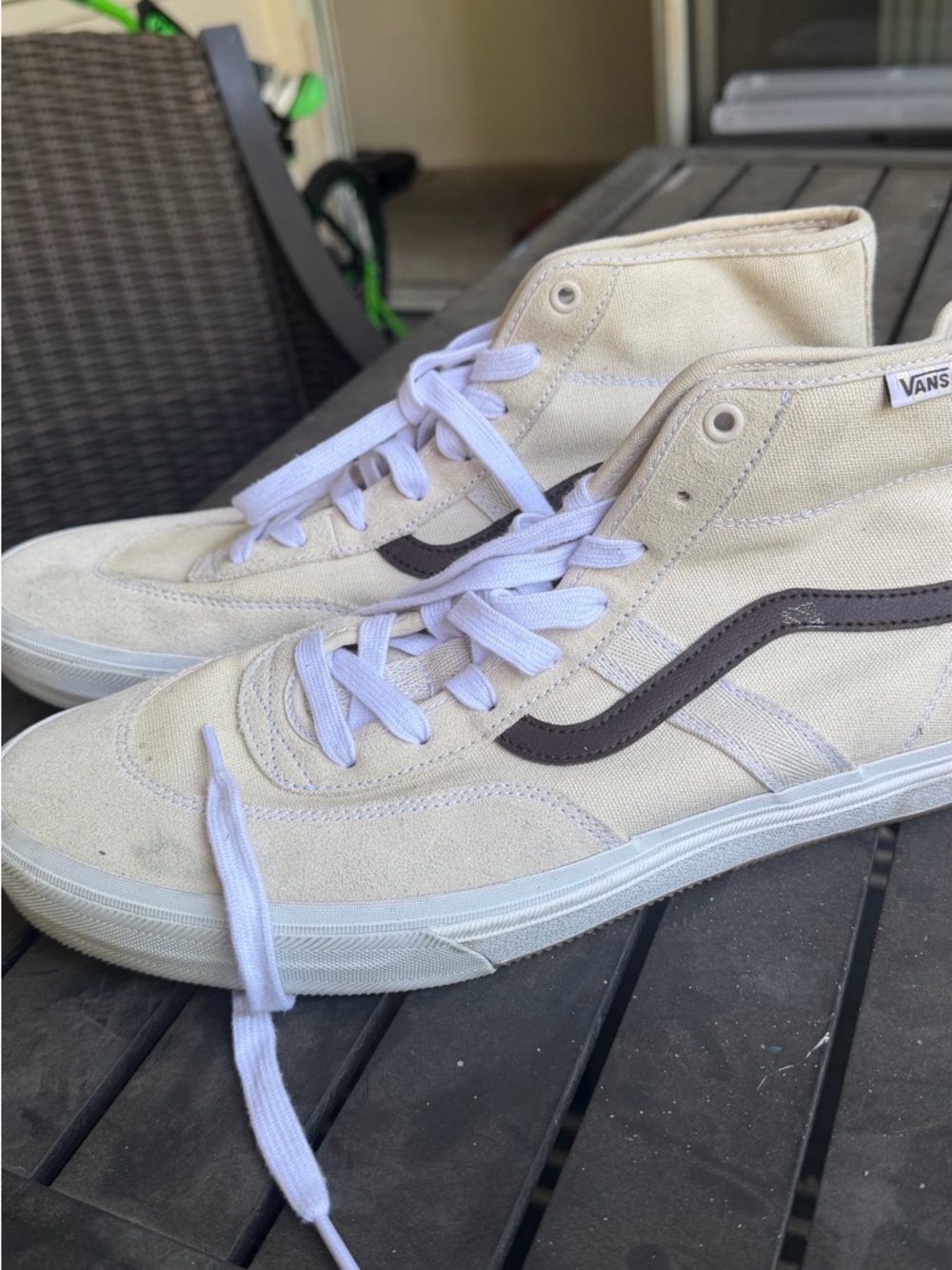 Vans Men’s High Top Canvas Sneakers in Cream with Brown Stripe